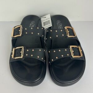 NWT Niki Slip On Sandals Women's 10 Black Wide Strap Gold Buckle Studded Sandals